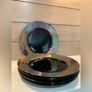 Arcoroc Tampico Dinner Plates Art Deco Inspired Black Multi Pattern Set of 7 VTG